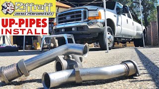 2001 F350 73  RiffRaff UpPipes Install  Stock up pipes leaking and falling apart JUNK SP [upl. by Eixela]